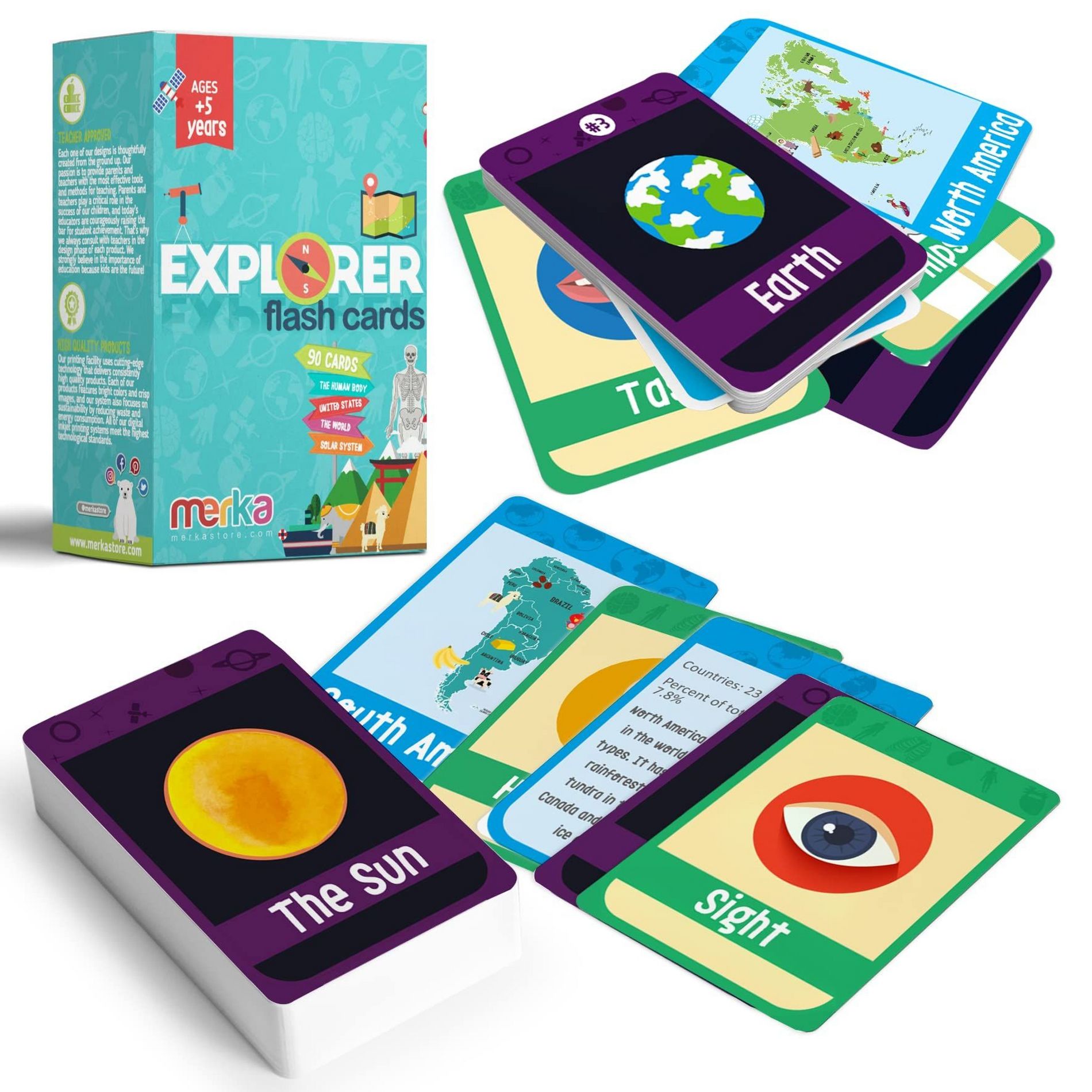 merka 90 Pack Science Flash Cards- Solar System, Human Body and Geography, Homeschool Supplies & Word Travel Games for Kids