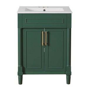 Gulches 24 Inch Bathroom Vanity Integrated Ceramic Half Moon Sink 2 Doors Solid Wood MDF Adjustable Shelf for Small Medium Restroom Green - 1 of 4