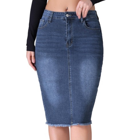 Inspire Chic Women s Raw Hem High Waisted Pockets Stretch Knee Length Jean Denim Skirt Dark Blue Large Target