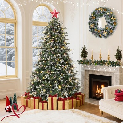 6 FT/7.5 FT/9 FT Snow Flocked Christmas Tree with 450 Warm Lights-8 Modes Prelit Christmas Trees with Pine Cone & Gloves