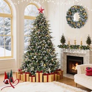 6 FT/7.5 FT/9 FT Snow Flocked Christmas Tree with 450 Warm Lights-8 Modes Prelit Christmas Trees with Pine Cone & Gloves - 1 of 4