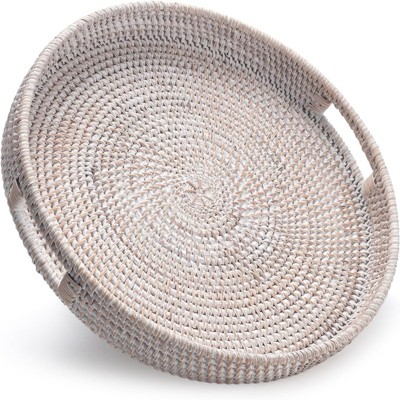 BRINJOY 13.8" Round Woven Tray with Handles - White Washed Rattan Coffee Table Decor, Serving Tray for Food & Decor