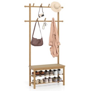Costway Bamboo Coat Rack with Bench Shoe Storage 2 Hanging Rods 11 Hanging Hooks Shelves Brown/Beige - 1 of 4
