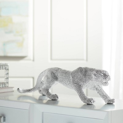 Electroplated Silver Textured Resin Leopard Sculpture