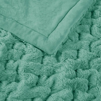 Aqua Ruched Faux Fur Reversible Throw Blanket 50x60"