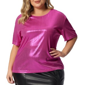 Agnes Orinda Women's Plus Size Metallic Round Neck Short Sleeve Summer Carnival Party Blouses - 1 of 4