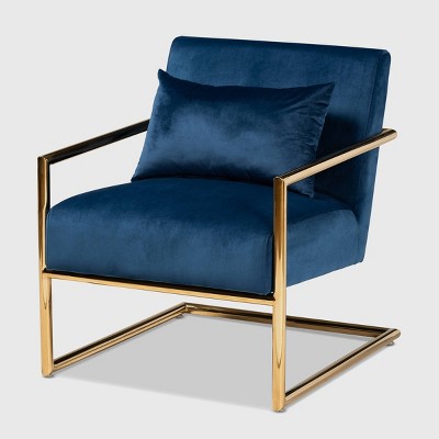 Mira Velvet Upholstered Metal Lounge Chair Navy Blue gold Baxton