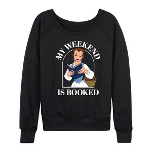 Women's - Disney Princess - Belle My Weekend Is Booked Lightweight French Terry Wide Neck Long Sleeve Shirt - 1 of 4