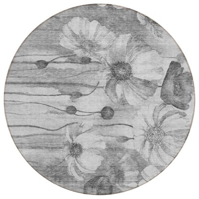 Gray Charcoal And Silver Floral Washable Indoor Outdoor Area Rug