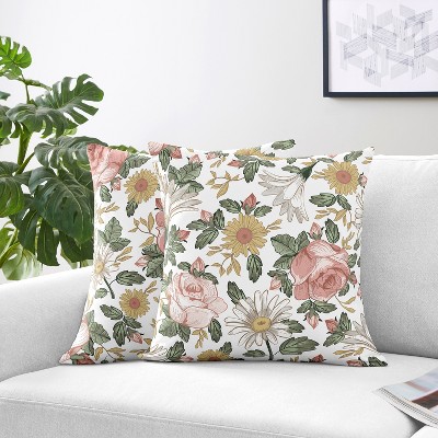 Vintage Floral Pink Green Yellow Microfiber Square Throw Pillows Set