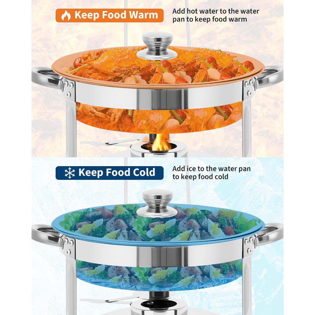 4/6 Pack 5QT Stainless Steel Round Chafing Dish Set, Buffet Food Warmer with Glass Lid, Lid Holder, Drip Tray&Fuel Holder for Party, Wedding, Picnic - thumbnail 5