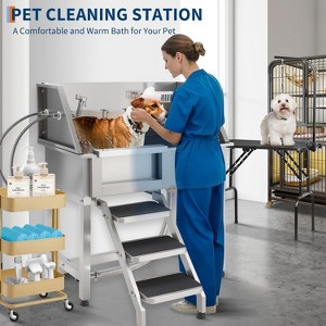 38in Stainless Steel Dog Washing Station with Non-Slip Grate, Shower, Soap Box, Faucet, 220lbs Capacity Pet Grooming Bath Tub, Left Door - 1 of 4