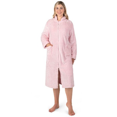 PAVILIA Womens Fluffy Housecoat Zip Robe, Faux Shearling Zipped Up Front Bathrobe, Plush Warm Zipper House Coat Lounger