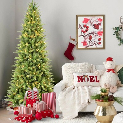 Pre-Lit Slim Christmas Tree with Warm White LED Lights, Hinged Branch Green Holiday Tree with Metal Stand for Small Spaces-The Pop Home