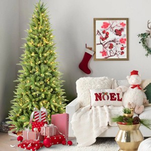 Pre-Lit Slim Christmas Tree with Warm White LED Lights, Hinged Branch Green Holiday Tree with Metal Stand for Small Spaces-The Pop Home - 1 of 4