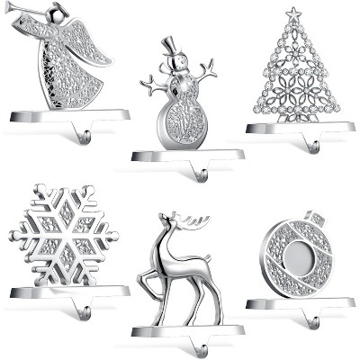 6 Christmas Stocking Holders for Mantle Silver Metal Snowflake Snowman for Mantel Fireplace Xmas Party