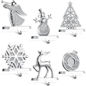 6 Christmas Stocking Holders for Mantle Silver Metal Snowflake Snowman for Mantel Fireplace Xmas Party - 1 of 4