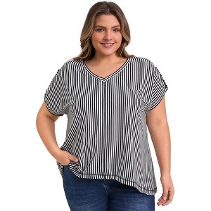 GRACE & GRANDEUR Women's Plus Size Drop Shoulder Vertical Stripe Short Sleeve V Neck Blouses - 1 of 4