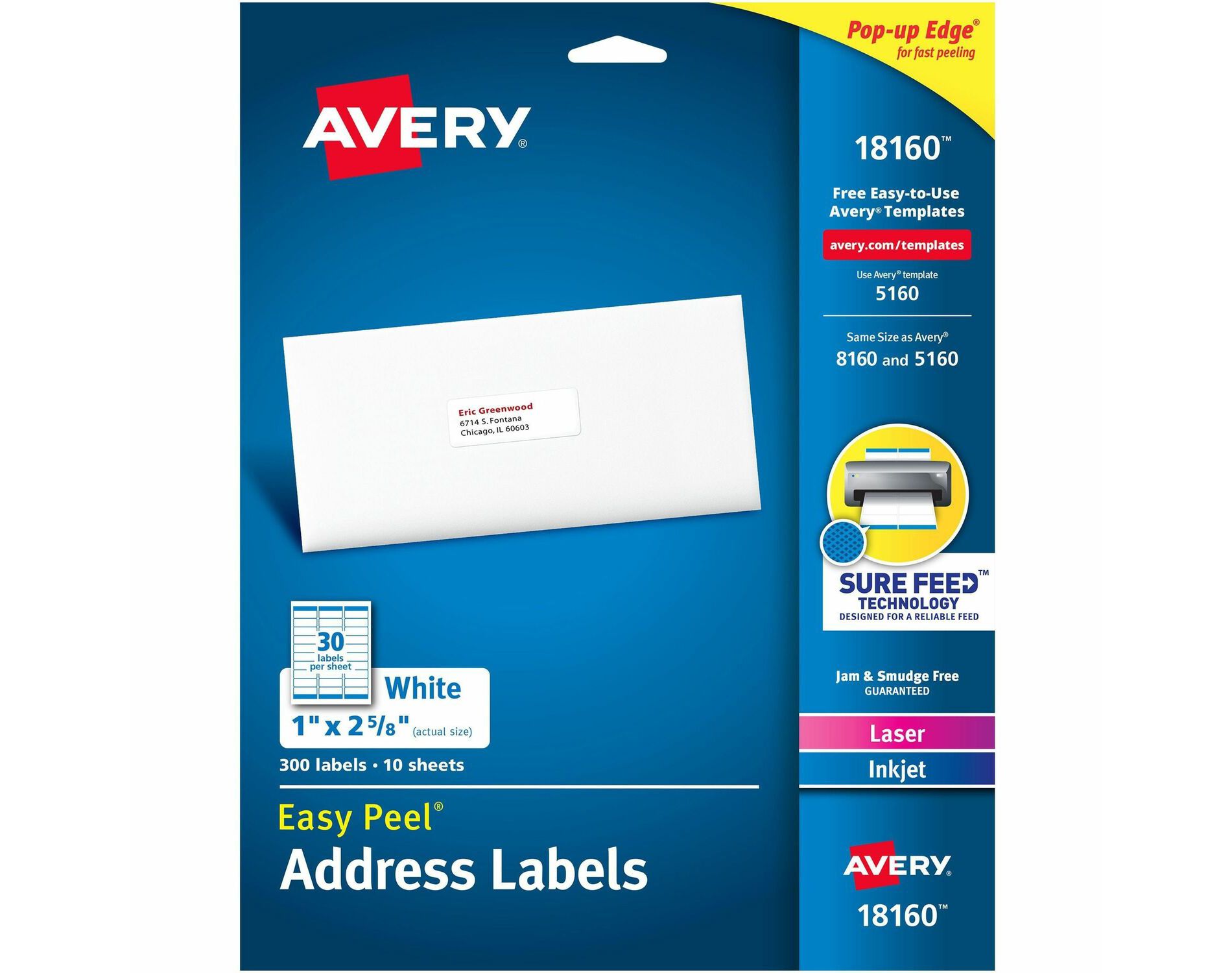 Avery Easy Peel Mailing Address Labels Inkjet 1 x 2 5/8 White 300/Pack 18160