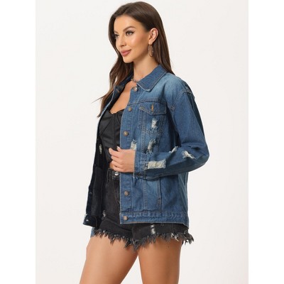Allegra K Women's Long Sleeve Ripped Distressed Jean Jackets Blue Small — фото 3