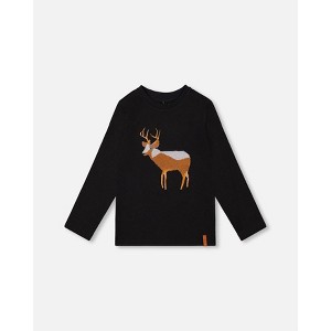 Deux par Deux Boy Organic Cotton T-Shirt Black with Boucle Deer Applique - 1 of 4