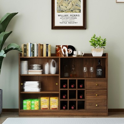 Lycvki Freestanding Countertop Storage Cabinet with 2 Sliding Striped Glass Doors