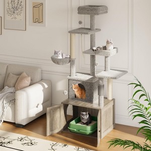 Cat Tree with Litter Box Enclosure, Large Wooden Cat Furniture, Condo, Hammock, Perch, Scratching Post, Brown - 1 of 4