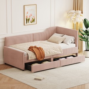 Twin Size L-Shaped Daybed, Corduroy Upholstered Bed Frame with 2 Storage Drawers - ModernLuxe - 1 of 4