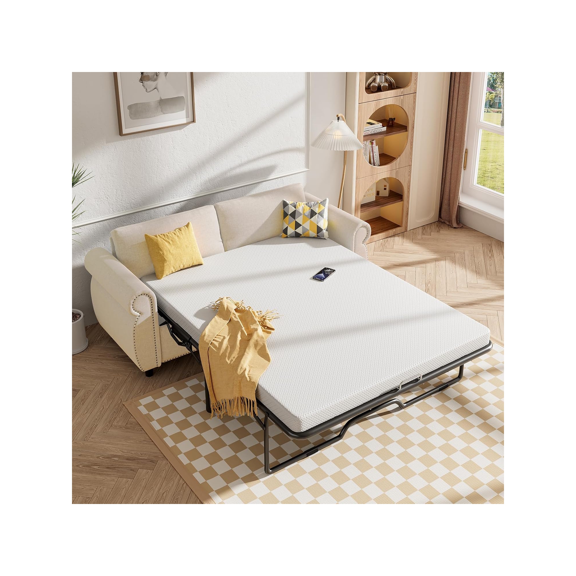 Mjkone pull out sofa bed queen size with Memory Foam Mattress, Convertible Couch Bed for Small Living Room & Guest Room,Beige