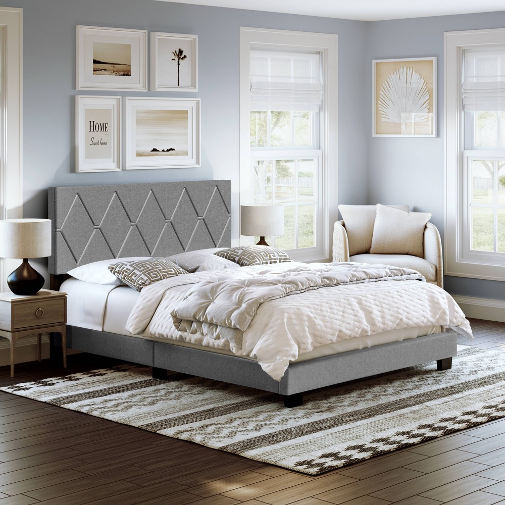 Photos - Bed Frame Twin Darcy Diamond Stitched Upholstered Bed Gray Linen - Eco Dream