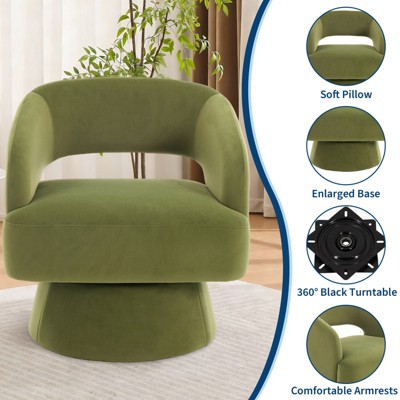 Detail inset showing chair features including soft pillow, enlarged base, 360° turntable, and comfortable arms