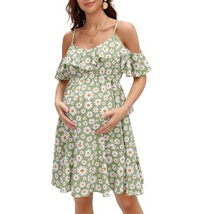 Maternity Nursing Dress Womens V-Neck Spaghetti Strap Ruffle Sleeve Daisy Floral Printed A-Line Tiered Flowy Swing Dress - 1 of 4