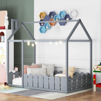 Wooden Canopy Bed Frames, Mattress House Platform Bed Floor Bed Frames with Guardrail for Guest Room Boys Girls Bedroom