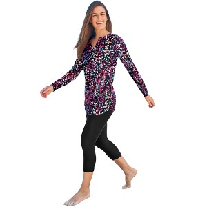 Swim 365 Women's Plus Size Split-Neck Long Sleeve Swim Tee With Built-In Bra - 1 of 4