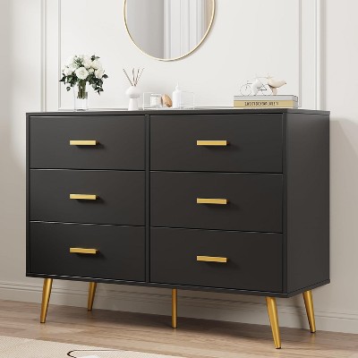 6 Drawer Dresser with Gold Handles, Modern Wooden Chest of Drawers with Deep Storage for Bedroom, Living Room