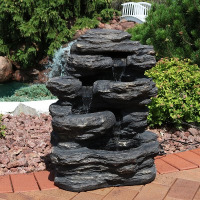 Gray Polystone Rocky Falls Outdoor Fountain with LED Lights