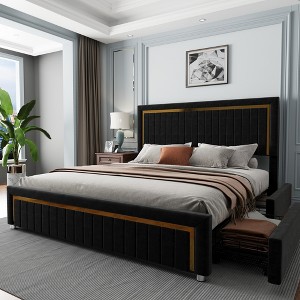 AMERLIFE Upholstered Platform LED Bed Frame with 4 Storage Drawers, Adjustable Headboard with Vertical Channel Design - 1 of 4