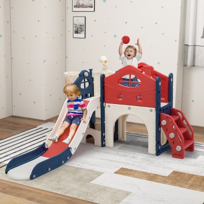 Infurnic Baby Activity Gyms 6-in-1 Kids Playground, Toddler Slide with Aisle, Tunnel, Climber, Basketball Hoop, Multicolored, 38"*14"*21"