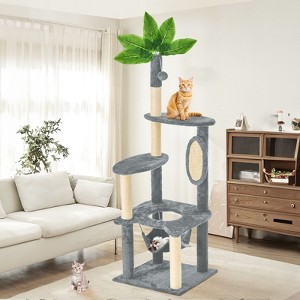 Modern Multicoloured 600 GSM Soft Plush Cat Tree Pet Tower with Fake Real Leaves,Natural Sisal Material and Cute Cat Shape Platform - 1 of 4