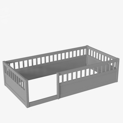 TiramisuBest Twin Floor Bed Frame with Fence - Grey Pine Design