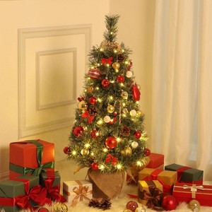 3ft Pre-Lit Flocked Artificial Christmas Tree with LED Lights, Red Berries & Snowflakes, Vintage Pot Base - 1 of 4