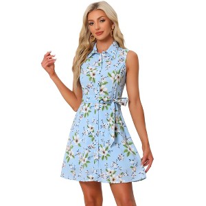 Allegra K Women's Sleeveless Turndown Collar Mini Button Down Floral Print Dress - 1 of 4
