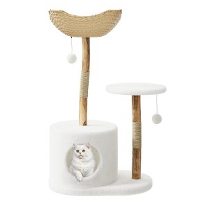 Modern Cat Tree with Basket, Real Wood Climbing Tower for Large Cats Up to 22Lbs, Natural Rattan and Sisal Scratching Perch for Indoor Cats - 1 of 4