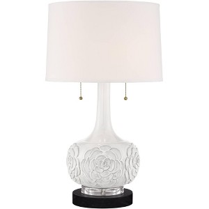 Possini Euro Design Natalia Country Cottage Table Lamp with Round Black Marble Riser 27" Tall White Floral Ceramic Drum Shade for Bedroom Living Room - 1 of 4