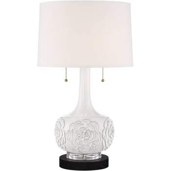 Possini Euro Design Natalia Country Cottage Table Lamp with Round Black Marble Riser 27" Tall White Floral Ceramic Drum Shade for Bedroom Living Room