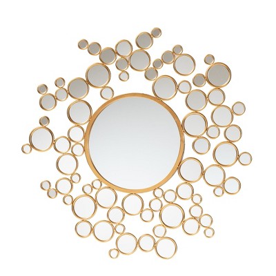 36" Gold Rectangular Wood and Leather Wall Mirror
