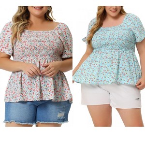 Women's Plus Size 2 Piece Floral Square Neck Smocked Bow Tie Short Sleeve Casual Babydoll Blouses - Agnes Orinda - 1 of 4