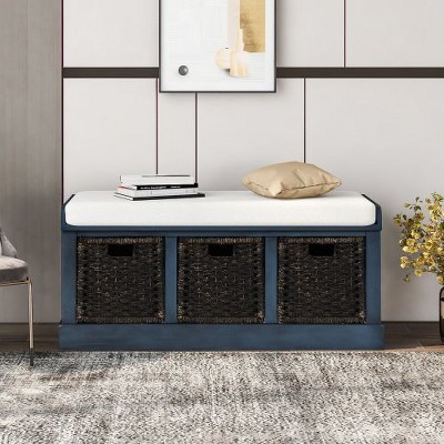 MAXZZZ Rustic Storage Bench with 3 Removable Classic Rattan Basket , Entryway Bench Storage Bench
