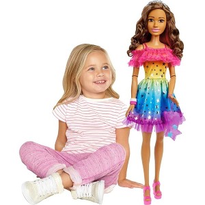 Barbie Large Doll with Brown Hair, 28 Inches Tall with Rainbow Dress & Styling Accessories Like Shooting Star Handbag - 1 of 4