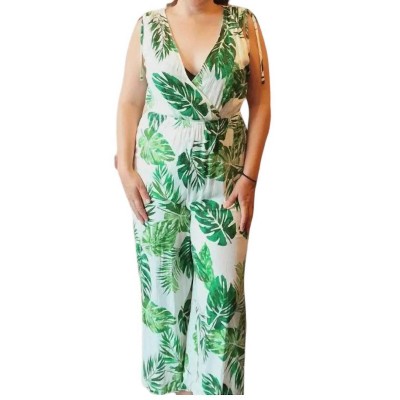 Women's Wo's Tropical Leaf Print Jumpsuit - EN CREME